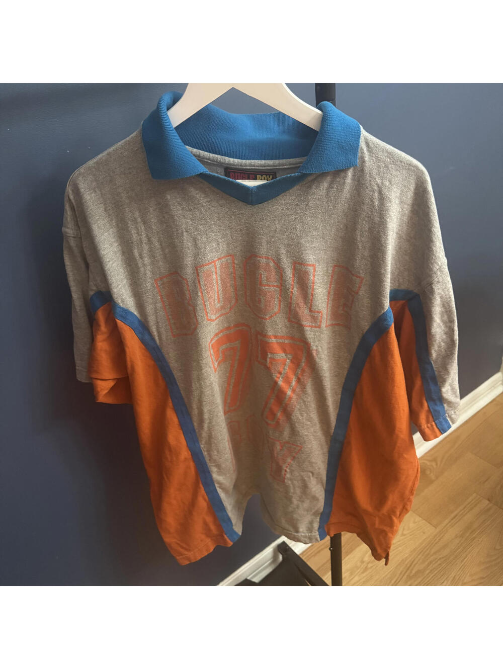 Vintage Bugle Boy 77 Sportswear Shirt Gray Orange Blue Large 80s 90s